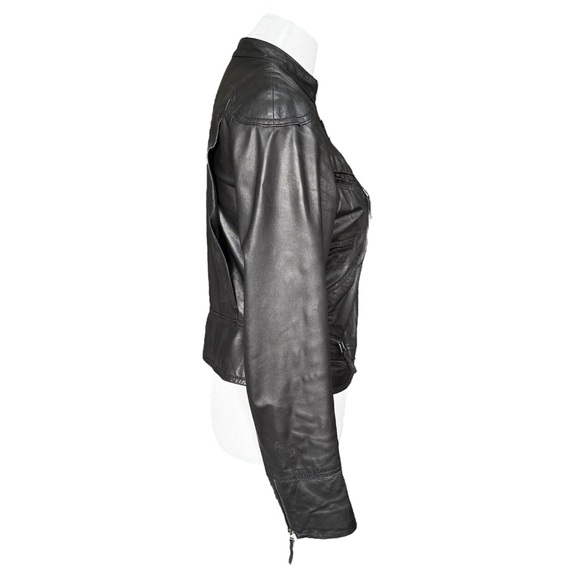 Max Studio Black Leather Jacket with Stand-Up Collar Women’s size Medium - Picture 4 of 7